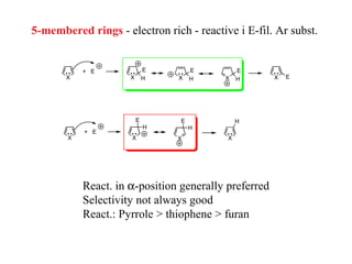 5-membered rings - electron rich - reactive i E-fil. Ar subst.


           + E               E       E        E
       X             X       H   X   H    X   H       X   E




                         E       E            H
                             H       H
           + E
       X             X           X        X




           React. in α-position generally preferred
           Selectivity not always good
           React.: Pyrrole > thiophene > furan
 