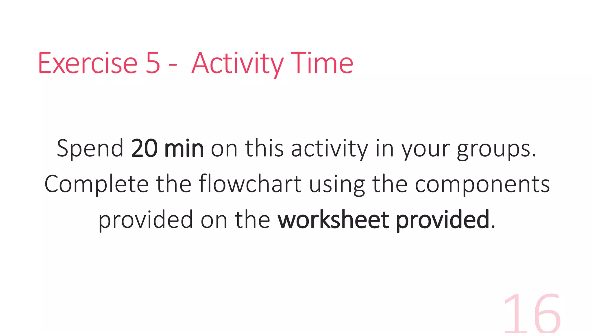 Exercise 5 - Activity Time
Spend 20 min on this activity in your groups.
Complete the flowchart using the components
provided on the worksheet provided.
 