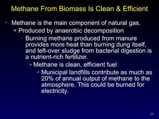 Methane From Biomass Is Clean & Efficient Methane is the main component of natural gas. Produced by anaerobic decomposition Burning methane produced from manure provides more heat than burning dung itself, and left-over sludge from bacterial digestion is a nutrient-rich fertilizer. Methane is clean, efficient fuel Municipal landfills contribute as much as 20% of annual output of methane to the atmosphere. This could be burned for electricity. 