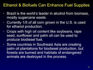 Ethanol & Biofuels Can Enhance Fuel Supplies Brazil is the world’s leader in alcohol from biomass, mostly sugarcane waste. Currently 1/5 of all corn grown in the U.S. is used for ethanol production. Crops with high oil content like soybeans, rape seed, sunflower and palm oil can be used to produce biodiesel fuel. Some countries in Southeast Asia are creating palm oil plantations for biodiesel production, but forests are burned and habitats of endangered animals are destroyed in the process. 