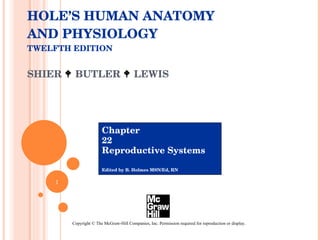 HOLE’S HUMAN ANATOMY AND PHYSIOLOGY TWELFTH EDITION SHIER    BUTLER    LEWIS  Chapter  22 Reproductive Systems Edited by B. Holmes MSN/Ed, RN Copyright © The McGraw-Hill Companies, Inc. Permission required for reproduction or display. 
