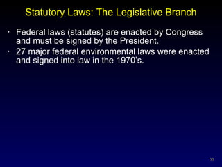 Statutory Laws: The Legislative Branch Federal laws (statutes) are enacted by Congress and must be signed by the President. 27 major federal environmental laws were enacted and signed into law in the 1970’s. 