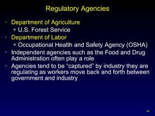 Regulatory Agencies Department of Agriculture U.S. Forest Service Department of Labor Occupational Health and Safety Agency (OSHA) Independent agencies such as the Food and Drug Administration often play a role Agencies tend to be “captured” by industry they are regulating as workers move back and forth between government and industry 