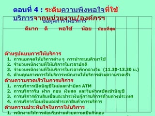 ข้อมูลการให้บริการ   ดีมาก  ดี  พอใช้  น้อย  น้อยที่สุด   ด้านรูปแบบการให้บริการ 1.  การแยกจุดให้บริการต่าง ๆ   การนำระบบคิวมาใช้   2.  จำนวนพนักงานที่ให้บริการในเวลาปกติ   3.  จำนวนพนักงานที่ให้บริการในเวลาพักกลางวัน  ( 11.30-13.30  น .)    4.  ด้านคุณภาพการให้บริการพนักงานให้บริการด้วยความรวดเร็ว ด้านความรวดเร็วในการบริการ 1.  การบริการเปิดบัญชีใหม่และทำบัตร  ATM 2.  การบริการรับ  ฝาก  ถอน  เงินสด  และรับฝากเช็คเข้าบัญชี 3.  การบริการด้านสินเชื่อและชำระเงินกู้การบริการด้านต่างประเทศ 4.  การบริการโอนเงินและชำระค่าสินค้าการบริการ ด้านความประทับใจในการให้บริการ 1.  พนักงานให้การต้อนรับท่านด้วยความเป็นกันเอง   2.  พนักงานพูดจากับท่านด้วยความไพเราะและมีมนุษยสัมพันธ์ที่ดี   3.  พนักงานคอยดูแลให้บริการและตอบปัญหาท่านด้วยความเอาใจใส่   4.  ด้านราคา   ค่าธรรมเนียมในการโอนเงิน   ตอนที่  4 :   ระดับ ความพึงพอใจ ที่ใช้ บ ริ การ จากหน่วยงาน / องค์กร ฯ 