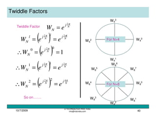 10/7/2009
e-TECHNote from IRDC India
info@irdcindia.com 40
Twiddle Factors
Twiddle Factor N
j
N eW
π2
=
( ) 1
00 2
==∴ N
j
N eW
π
( ) NN
jj
N eeW
ππ 22 11
==∴
( ) NN
jj
N eeW
ππ 42 22
==∴
So on…….
For N=4
For N=8
W4
0
W4
3
W4
2
W4
1
W8
0
W8
7
W8
6
W8
5
W8
4
W8
3
W8
2
W8
1
( ) N
l
N
jljl
N eeW
ππ 22
==
 