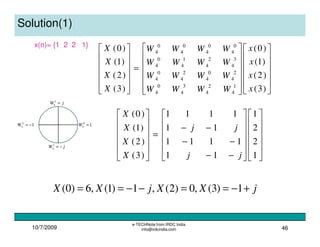 10/7/2009
e-TECHNote from IRDC India
info@irdcindia.com 46
Solution(1)
x(n)= {1 2 2 1}


























=












)3(
)2(
)1(
)0(
)3(
)2(
)1(
)0(
1
4
2
4
3
4
0
4
2
4
0
4
2
4
0
4
3
4
2
4
1
4
0
4
0
4
0
4
0
4
0
4
x
x
x
x
WWWW
WWWW
WWWW
WWWW
X
X
X
X
























−−
−−
−−
=












1
2
2
1
11
1111
11
1111
)3(
)2(
)1(
)0(
jj
jj
X
X
X
X
10
4 =W12
4 −=W
jW −=1
4
jW =3
4
jXXjXX +−==−−== 1)3(,0)2(,1)1(,6)0(
 