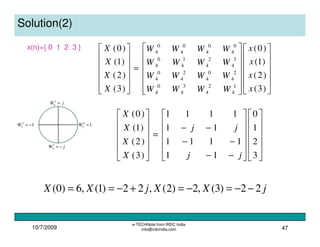10/7/2009
e-TECHNote from IRDC India
info@irdcindia.com 47
Solution(2)
x(n)={ 0 1 2 3 }


























=












)3(
)2(
)1(
)0(
)3(
)2(
)1(
)0(
1
4
2
4
3
4
0
4
2
4
0
4
2
4
0
4
3
4
2
4
1
4
0
4
0
4
0
4
0
4
0
4
x
x
x
x
WWWW
WWWW
WWWW
WWWW
X
X
X
X
























−−
−−
−−
=












3
2
1
0
11
1111
11
1111
)3(
)2(
)1(
)0(
jj
jj
X
X
X
X
10
4 =W12
4 −=W
jW −=1
4
jW =3
4
jXXjXX 22)3(,2)2(,22)1(,6)0( −−=−=+−==
 