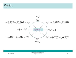 10/7/2009
e-TECHNote from IRDC India
info@irdcindia.com 57
Contd..
For N=8
W8
7
W8
6
W8
5
W8
4
W8
3
W8
2
W8
1
W8
0
1=
707.0707.0 j−==−− 707.0707.0 j
j−=
j=
=+− 707.0707.0 j 707.0707.0 j+=
=−1
 