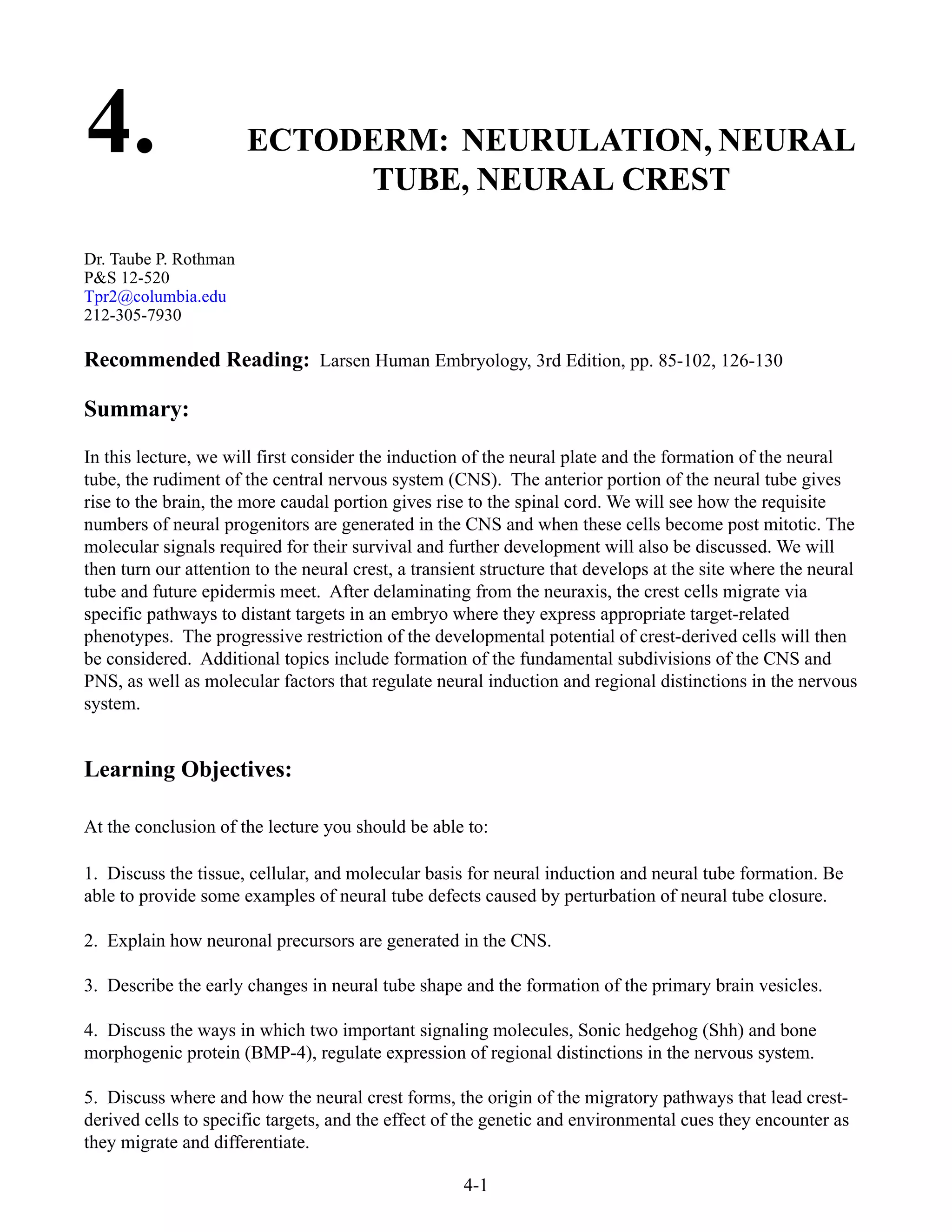 4-1
4.
Dr. Taube P. Rothman
P&S 12-520
Tpr2@columbia.edu
212-305-7930
Recommended Reading: Larsen Human Embryology, 3rd Edition, pp. 85-102, 126-130
Summary:
In this lecture, we will first consider the induction of the neural plate and the formation of the neural
tube, the rudiment of the central nervous system (CNS). The anterior portion of the neural tube gives
rise to the brain, the more caudal portion gives rise to the spinal cord. We will see how the requisite
numbers of neural progenitors are generated in the CNS and when these cells become post mitotic. The
molecular signals required for their survival and further development will also be discussed. We will
then turn our attention to the neural crest, a transient structure that develops at the site where the neural
tube and future epidermis meet. After delaminating from the neuraxis, the crest cells migrate via
specific pathways to distant targets in an embryo where they express appropriate target-related
phenotypes. The progressive restriction of the developmental potential of crest-derived cells will then
be considered. Additional topics include formation of the fundamental subdivisions of the CNS and
PNS, as well as molecular factors that regulate neural induction and regional distinctions in the nervous
system.
Learning Objectives:
At the conclusion of the lecture you should be able to:
1. Discuss the tissue, cellular, and molecular basis for neural induction and neural tube formation. Be
able to provide some examples of neural tube defects caused by perturbation of neural tube closure.
2. Explain how neuronal precursors are generated in the CNS.
3. Describe the early changes in neural tube shape and the formation of the primary brain vesicles.
4. Discuss the ways in which two important signaling molecules, Sonic hedgehog (Shh) and bone
morphogenic protein (BMP-4), regulate expression of regional distinctions in the nervous system.
5. Discuss where and how the neural crest forms, the origin of the migratory pathways that lead crest-
derived cells to specific targets, and the effect of the genetic and environmental cues they encounter as
they migrate and differentiate.
ECTODERM: NEURULATION, NEURAL
TUBE, NEURAL CREST
 