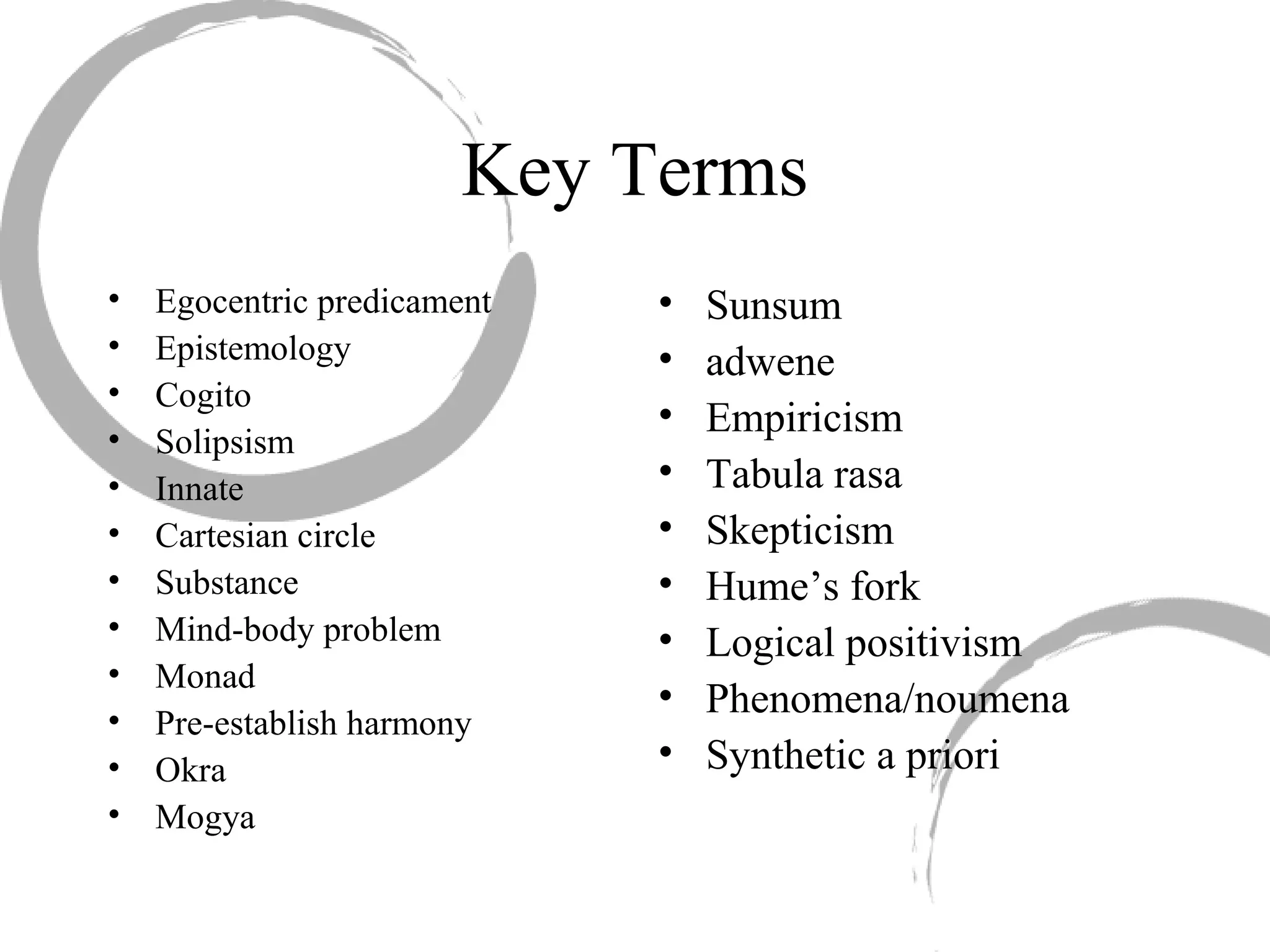 Key Terms
• Egocentric predicament
• Epistemology
• Cogito
• Solipsism
• Innate
• Cartesian circle
• Substance
• Mind-body problem
• Monad
• Pre-establish harmony
• Okra
• Mogya
• Sunsum
• adwene
• Empiricism
• Tabula rasa
• Skepticism
• Hume’s fork
• Logical positivism
• Phenomena/noumena
• Synthetic a priori
 