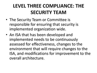 LEVEL THREE COMPLIANCE: THE
SECURITY TEAM
• The Security Team or Committee is
responsible for ensuring that security is
implemented organization wide.
• An ISA that has been developed and
implemented needs to be continuously
assessed for effectiveness, changes to the
environment that will require changes to the
ISA, and modifications for improvement to the
overall architecture.
 