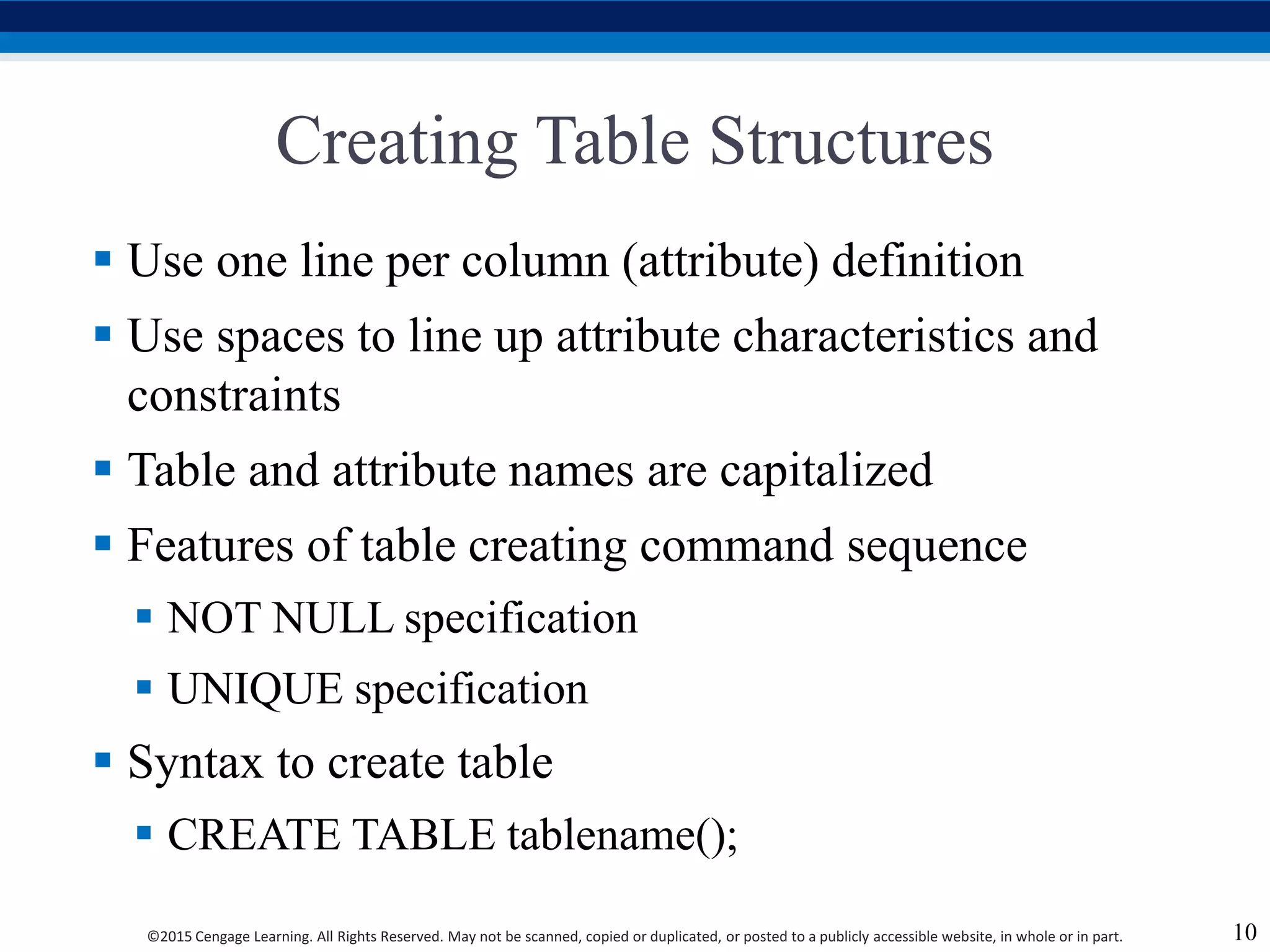 ©2015 Cengage Learning. All Rights Reserved. May not be scanned, copied or duplicated, or posted to a publicly accessible website, in whole or in part.
Creating Table Structures
 Use one line per column (attribute) definition
 Use spaces to line up attribute characteristics and
constraints
 Table and attribute names are capitalized
 Features of table creating command sequence
 NOT NULL specification
 UNIQUE specification
 Syntax to create table
 CREATE TABLE tablename();
10
 