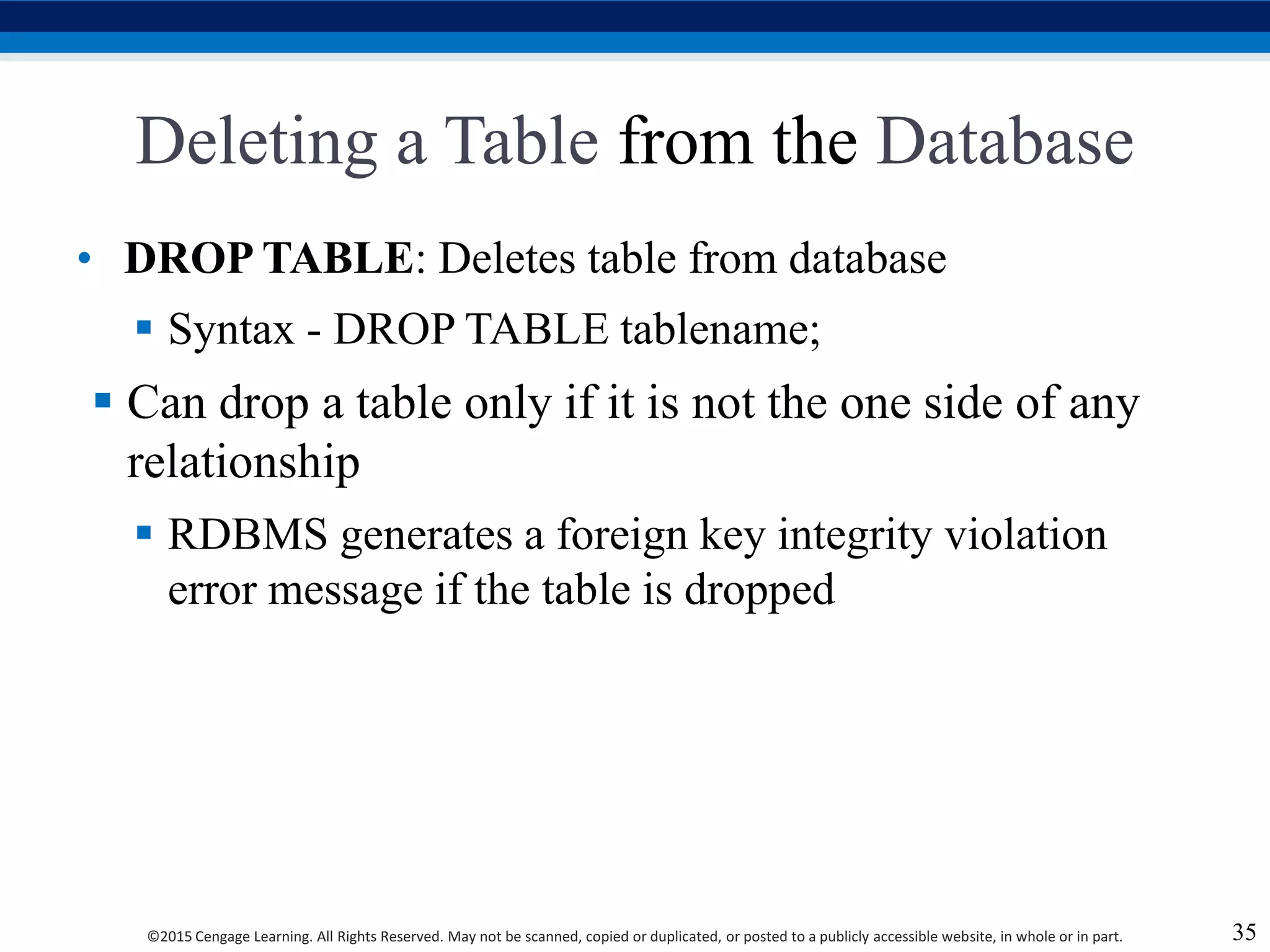 ©2015 Cengage Learning. All Rights Reserved. May not be scanned, copied or duplicated, or posted to a publicly accessible website, in whole or in part.
Deleting a Table from the Database
• DROP TABLE: Deletes table from database
 Syntax - DROP TABLE tablename;
 Can drop a table only if it is not the one side of any
relationship
 RDBMS generates a foreign key integrity violation
error message if the table is dropped
35
 
