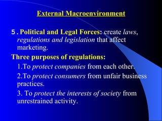 External Macroenvironment

5.Political and Legal Forces: create laws,
 regulations and legislation that affect
 marketing.
Three purposes of regulations:
 1.To protect companies from each other.
 2.To protect consumers from unfair business
 practices.
 3. To protect the interests of society from
 unrestrained activity.
 