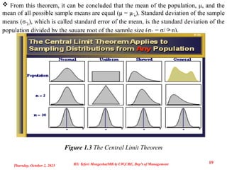  From this theorem, it can be concluded that the mean of the population, μ, and the
mean of all possible sample means are equal (μ = μ x
̅ ). Standard deviation of the sample
means (σ ̅x), which is called standard error of the mean, is the standard deviation of the
population divided by the square root of the sample size (σ ̅x = σ/n).
Figure 1.3 The Central Limit Theorem
Thursday, October 2, 2025
19
BY: Teferi Mengesha(MBA) UW,CBE, Dep't of Management
 