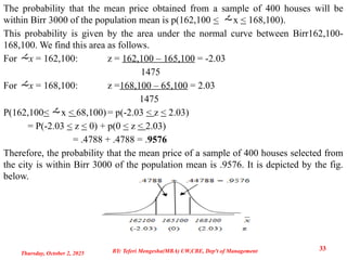 The probability that the mean price obtained from a sample of 400 houses will be
within Birr 3000 of the population mean is p(162,100 < x < 168,100).
This probability is given by the area under the normal curve between Birr162,100-
168,100. We find this area as follows.
For x = 162,100: z = 162,100 – 165,100 = -2.03
1475
For x = 168,100: z =168,100 – 65,100 = 2.03
1475
P(162,100< x < 68,100)= p(-2.03 < z < 2.03)
= P(-2.03 < z < 0) + p(0 < z < 2.03)
= .4788 + .4788 = .9576
Therefore, the probability that the mean price of a sample of 400 houses selected from
the city is within Birr 3000 of the population mean is .9576. It is depicted by the fig.
below.
Thursday, October 2, 2025
33
BY: Teferi Mengesha(MBA) UW,CBE, Dep't of Management
 