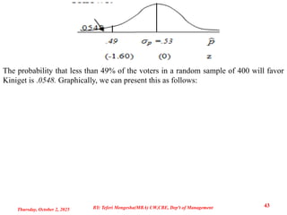 The probability that less than 49% of the voters in a random sample of 400 will favor
Kiniget is .0548. Graphically, we can present this as follows:
Thursday, October 2, 2025
43
BY: Teferi Mengesha(MBA) UW,CBE, Dep't of Management
 