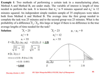 Example 1: Two methods of performing a certain task in a manufacturing plant,
Method A and Method B, are under study. The variable of interest is length of time
needed to perform the task. It is known that σA
2
is 9 minutes squared and σB
2
is 12
minutes squared. An independent simple random sample of 35 employees were taken
both from Method A and Method B. The average time the first group needed to
complete the task was 25 minutes and to the second group was 23 minutes. What is the
probability of a difference ̅XA - ̅XB, this large or larger if there is no difference in the true
average lengths of time needed for the task?
Solution: ̅X1 = 25 ̅X2 = 23 µ1 - µ2 = 0
σ1
2
= 9 σ2
2
= 12
n1 = 35 n2 = 35
Thursday, October 2, 2025
46
BY: Teferi Mengesha(MBA) UW,CBE, Dep't of Management
 