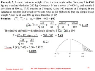 Example 2: Assume that mean weight of the tractors produced by Company A is 4500
kg and standard deviation 200 kg. Company B has a mean of 4000 kg and standard
deviation of 300 kg. If 50 tractors of Company A and 100 tractors of Company B are
selected at random and tested for weight, what is the probability that the sample mean
weight A will be at least 600 kg more than that of B?
Solution: µ ̅X1 - ̅X2 = µ1 - µ2 = 4500 - 4000 = 500
Thursday, October 2, 2025
47
BY: Teferi Mengesha(MBA) UW,CBE, Dep't of Management
 