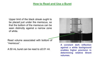 How to Read and Use a Buret
A constant dark reflection
against a white background
enables higher precision in
determining relative titrant
volumes.
Read volume associated with bottom of
“meniscus”.
A 50 mL buret can be read to ±0.01 ml.
Upper limit of the black streak ought to
be placed just under the meniscus, so
that the bottom of the meniscus can be
seen distinctly against a narrow zone
of white.
 