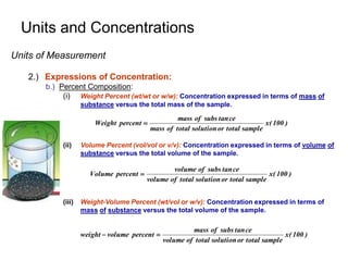 Units and Concentrations
Units of Measurement
2.) Expressions of Concentration:
b.) Percent Composition:
(i) Weight Percent (wt/wt or w/w): Concentration expressed in terms of mass of
substance versus the total mass of the sample.
(ii) Volume Percent (vol/vol or v/v): Concentration expressed in terms of volume of
substance versus the total volume of the sample.
(iii) Weight-Volume Percent (wt/vol or w/v): Concentration expressed in terms of
mass of substance versus the total volume of the sample.
)
100
(
x
sample
total
or
solution
total
of
mass
ce
tan
subs
of
mass
percent
Weight 
)
100
(
x
sample
total
or
solution
total
of
volume
ce
tan
subs
of
volume
percent
Volume 
)
100
(
x
sample
total
or
solution
total
of
volume
ce
tan
subs
of
mass
percent
volume
weight 

 