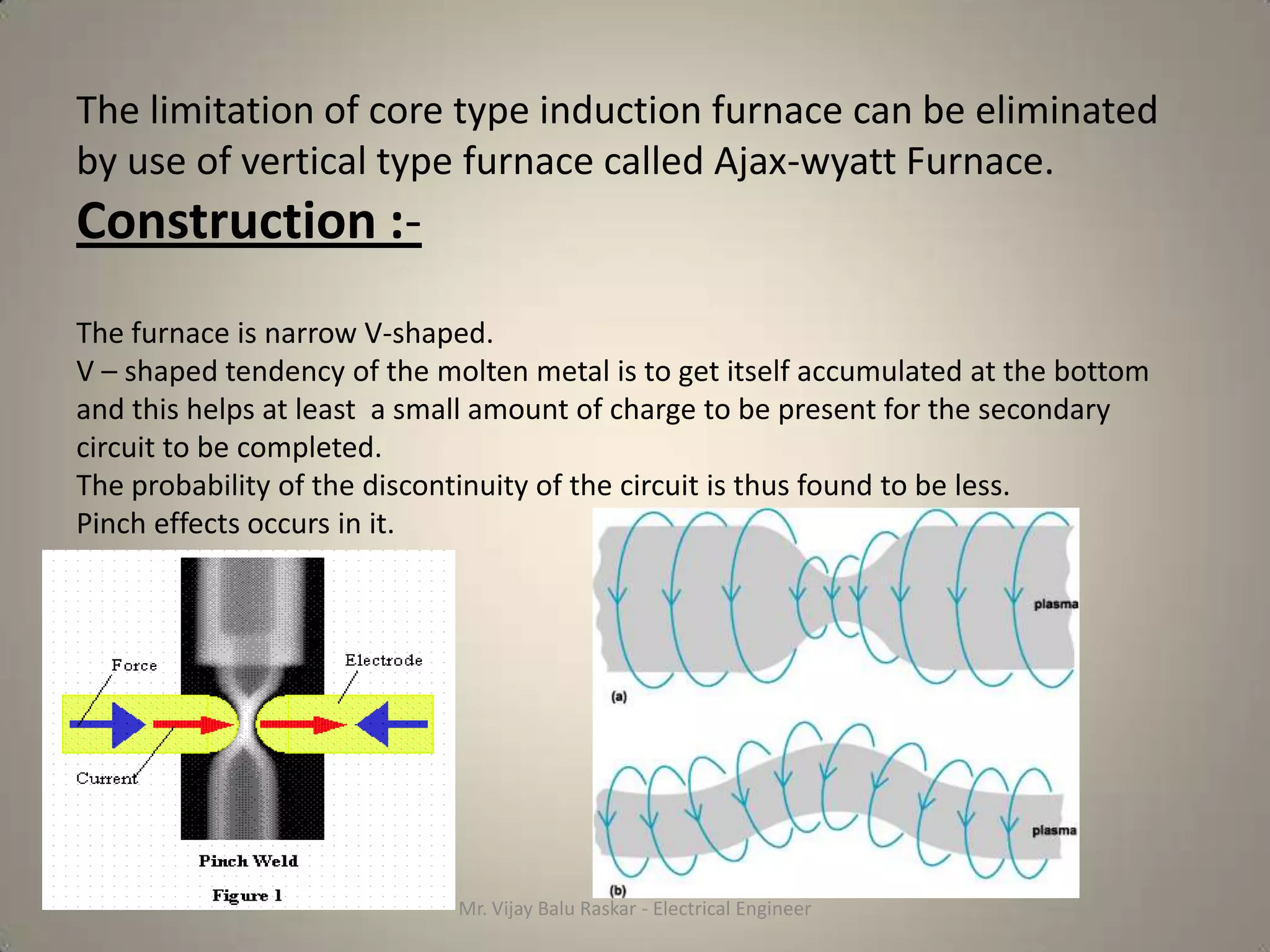 The limitation of core type induction furnace can be eliminated
by use of vertical type furnace called Ajax-wyatt Furnace.
Construction :-
The furnace is narrow V-shaped.
V – shaped tendency of the molten metal is to get itself accumulated at the bottom
and this helps at least a small amount of charge to be present for the secondary
circuit to be completed.
The probability of the discontinuity of the circuit is thus found to be less.
Pinch effects occurs in it.




                             Mr. Vijay Balu Raskar - Electrical Engineer
 