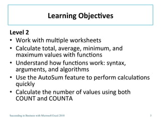 Learning ObjectivesLevel 2Work with multiple worksheetsCalculate total, average, minimum, and maximum values with functionsUnderstand how functions work: syntax, arguments, and algorithmsUse the AutoSum feature to perform calculations quicklyCalculate the number of values using both COUNT and COUNTA