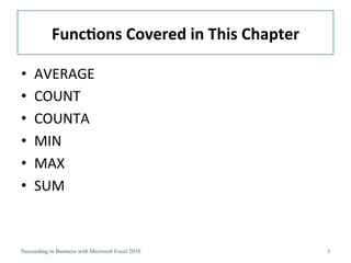 Functions Covered in This ChapterAVERAGECOUNTCOUNTAMINMAXSUM