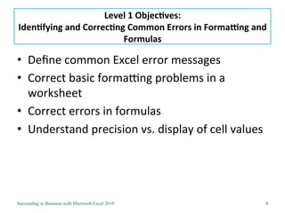 Level 1 Objectives:Identifying and Correcting Common Errors in Formatting and FormulasDefine common Excel error messagesCorrect basic formatting problems in worksheetsCorrect errors in simple formulasDetermine the order of precedence in formulasUnderstand precision versus display for cell values