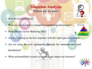 How are we performing?
What are our distinctive competitive (marketing) advantages?
How effective is our Marketing Mix?
Are we focusing on the best segments with the right type of customer?
Are we using the most appropriate channels for communication and
distribution?
What uncontrollable event(s) or trend(s) can impact my business?
Situation Analysis
Where are we now?
 