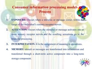 1. EXPOSURE: Occurs when a stimulus or message comes within the
range of the individual’s sensory receptor nerves.
2. ATTENTION: Occurs when the stimulus or message activates one or
more sensory receptor nerves and the resulting sensations go to the
brain for processing.
3. INTERPRETATION: It is the assignment of meaning to sensations.
4. MEMORY: stimuli or messages are transformed into information and
transferred through a short-term active component into a long-term
storage component.
Consumer information processing model-
Process
 