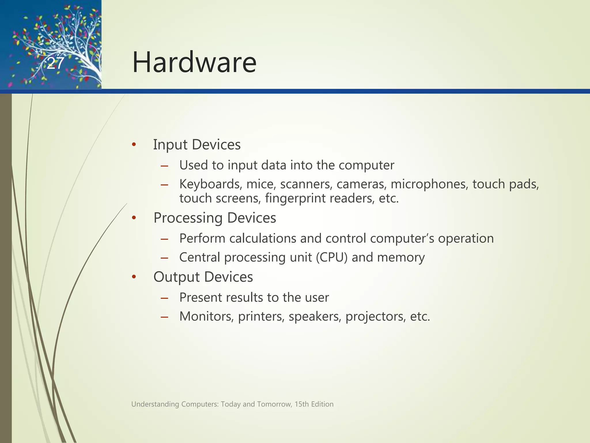 Hardware
• Input Devices
– Used to input data into the computer
– Keyboards, mice, scanners, cameras, microphones, touch pads,
touch screens, fingerprint readers, etc.
• Processing Devices
– Perform calculations and control computer’s operation
– Central processing unit (CPU) and memory
• Output Devices
– Present results to the user
– Monitors, printers, speakers, projectors, etc.
Understanding Computers: Today and Tomorrow, 15th Edition
27
 