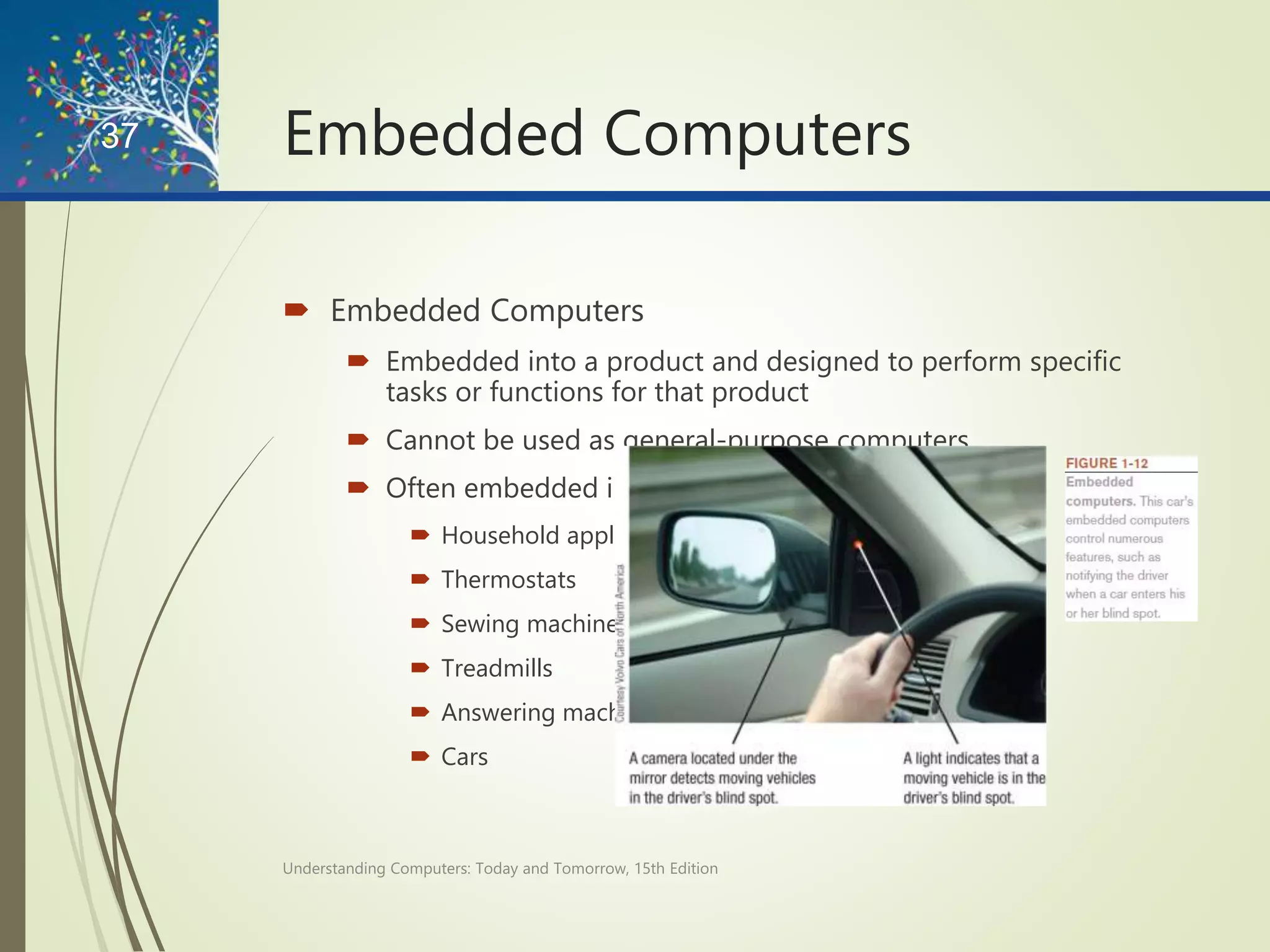 Embedded Computers
 Embedded Computers
 Embedded into a product and designed to perform specific
tasks or functions for that product
 Cannot be used as general-purpose computers
 Often embedded into:
 Household appliances
 Thermostats
 Sewing machines
 Treadmills
 Answering machines
 Cars
Understanding Computers: Today and Tomorrow, 15th Edition
37
 