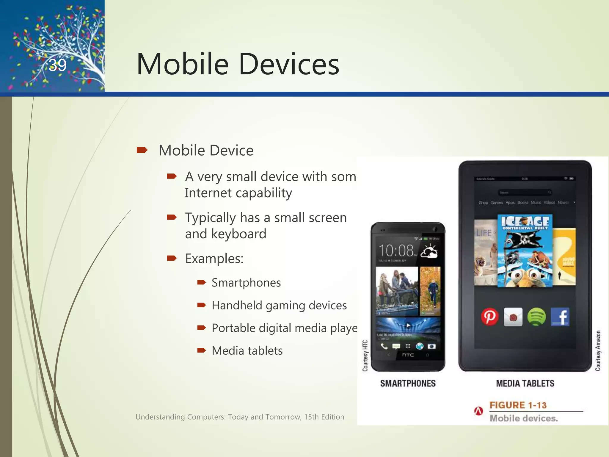 Mobile Devices
 Mobile Device
 A very small device with some type of built-in computing or
Internet capability
 Typically has a small screen
and keyboard
 Examples:
 Smartphones
 Handheld gaming devices
 Portable digital media players
 Media tablets
Understanding Computers: Today and Tomorrow, 15th Edition
39
 