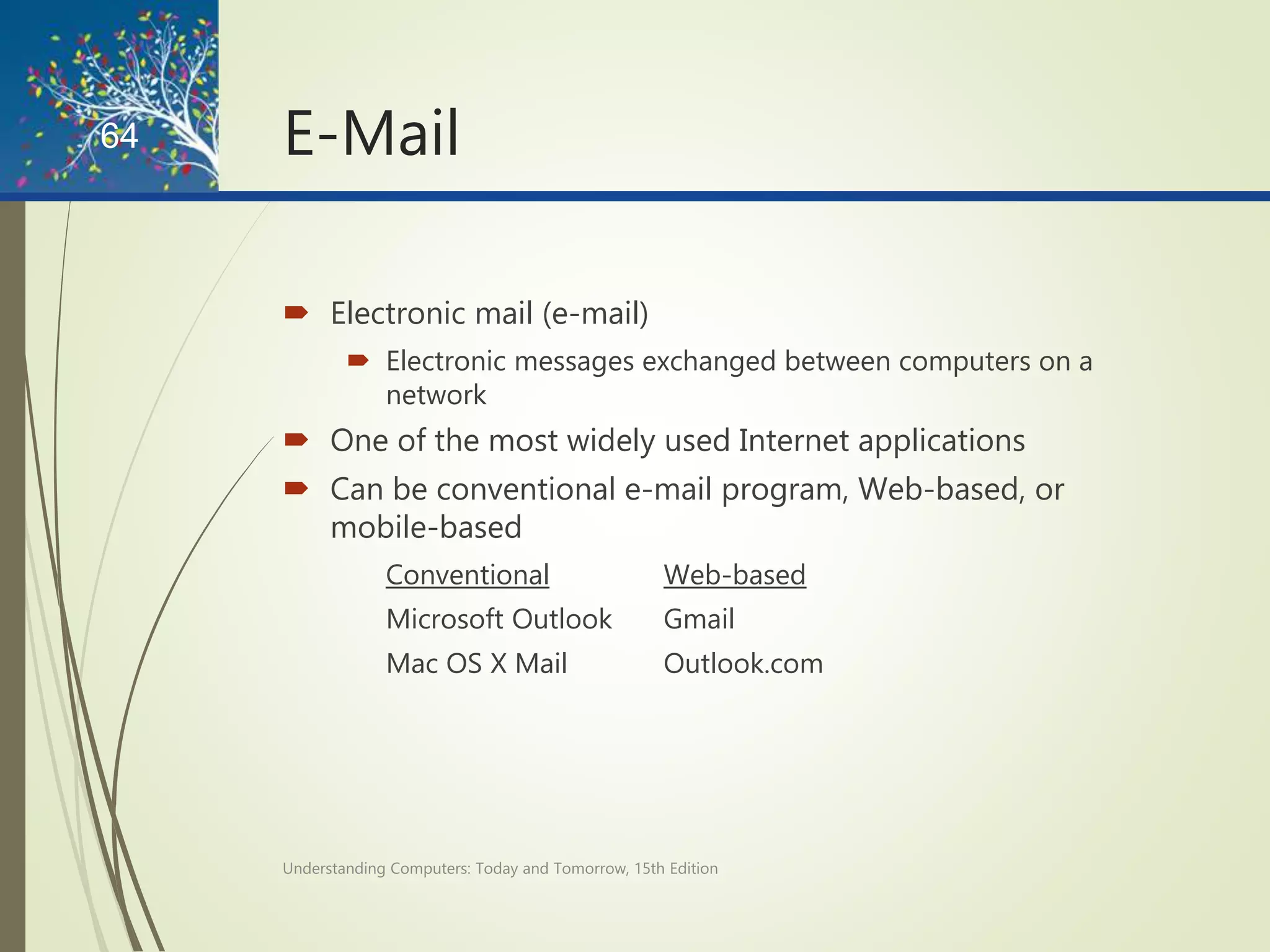 E-Mail
 Electronic mail (e-mail)
 Electronic messages exchanged between computers on a
network
 One of the most widely used Internet applications
 Can be conventional e-mail program, Web-based, or
mobile-based
Conventional Web-based
Microsoft Outlook Gmail
Mac OS X Mail Outlook.com
Understanding Computers: Today and Tomorrow, 15th Edition
64
 