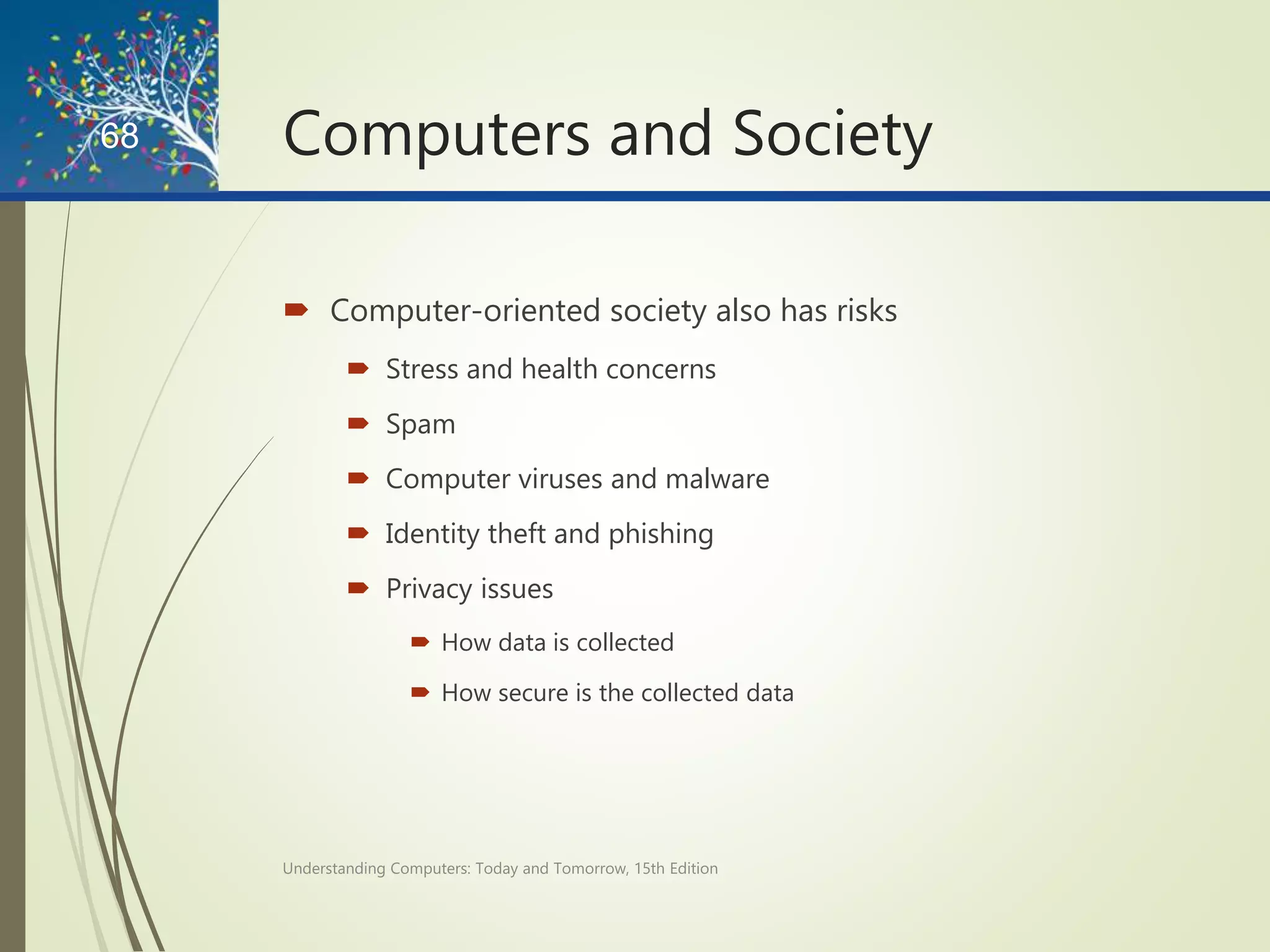 Computers and Society
 Computer-oriented society also has risks
 Stress and health concerns
 Spam
 Computer viruses and malware
 Identity theft and phishing
 Privacy issues
 How data is collected
 How secure is the collected data
Understanding Computers: Today and Tomorrow, 15th Edition
68
 