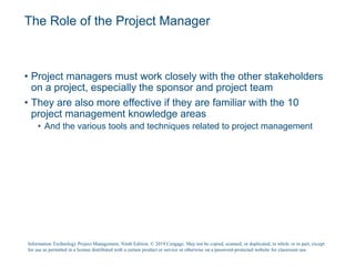 The Role of the Project Manager
• Project managers must work closely with the other stakeholders
on a project, especially the sponsor and project team
• They are also more effective if they are familiar with the 10
project management knowledge areas
• And the various tools and techniques related to project management
Information Technology Project Management, Ninth Edition. © 2019 Cengage. May not be copied, scanned, or duplicated, in whole or in part, except
for use as permitted in a license distributed with a certain product or service or otherwise on a password-protected website for classroom use.
 