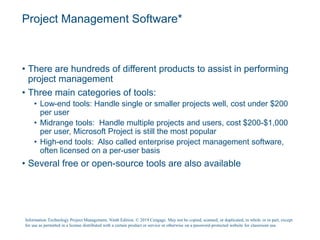 Project Management Software*
• There are hundreds of different products to assist in performing
project management
• Three main categories of tools:
• Low-end tools: Handle single or smaller projects well, cost under $200
per user
• Midrange tools: Handle multiple projects and users, cost $200-$1,000
per user, Microsoft Project is still the most popular
• High-end tools: Also called enterprise project management software,
often licensed on a per-user basis
• Several free or open-source tools are also available
Information Technology Project Management, Ninth Edition. © 2019 Cengage. May not be copied, scanned, or duplicated, in whole or in part, except
for use as permitted in a license distributed with a certain product or service or otherwise on a password-protected website for classroom use.
 