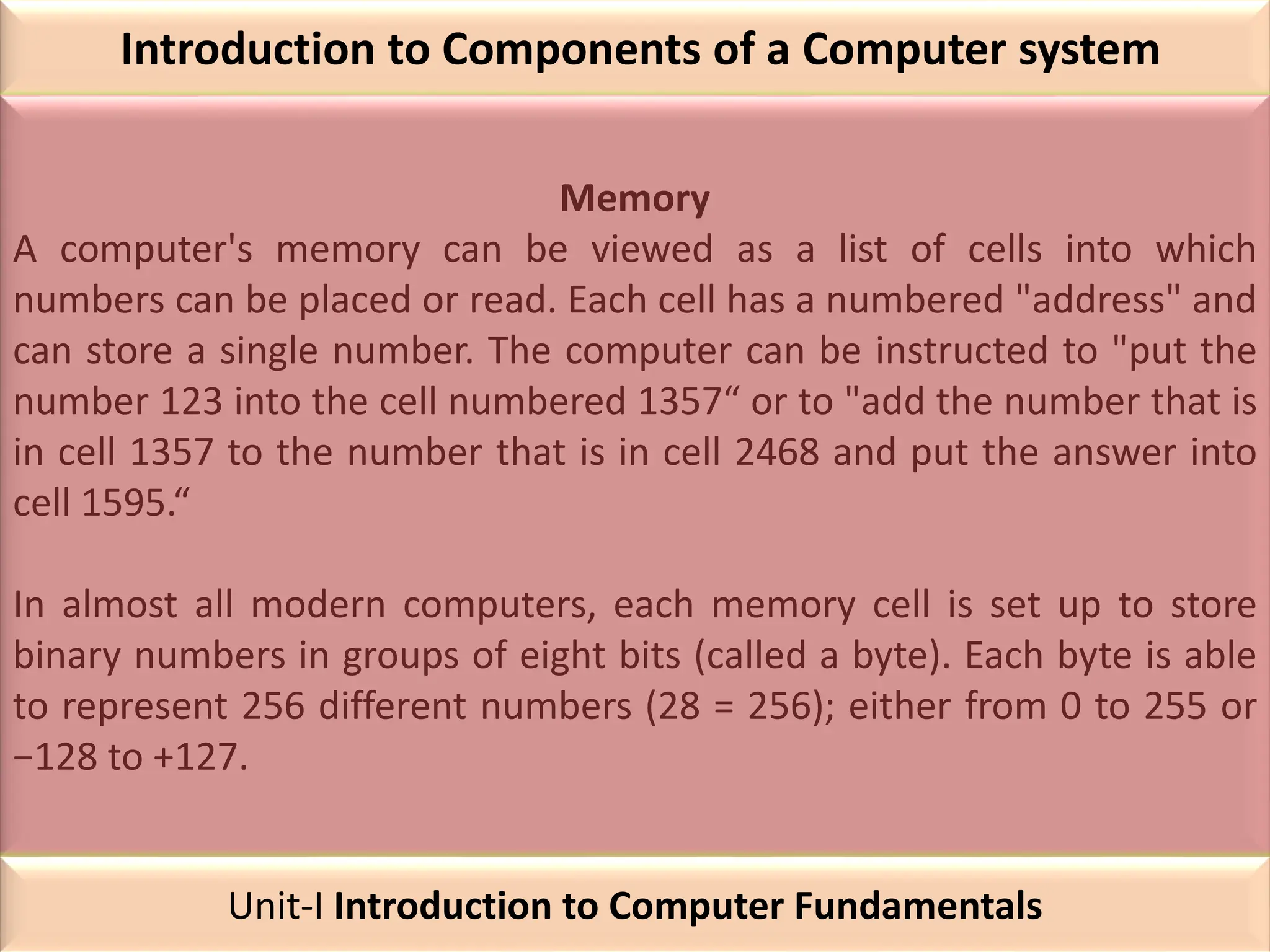 Introduction to Components of a Computer system
Memory
A computer's memory can be viewed as a list of cells into which
numbers can be placed or read. Each cell has a numbered "address" and
can store a single number. The computer can be instructed to "put the
number 123 into the cell numbered 1357“ or to "add the number that is
in cell 1357 to the number that is in cell 2468 and put the answer into
cell 1595.“
In almost all modern computers, each memory cell is set up to store
binary numbers in groups of eight bits (called a byte). Each byte is able
to represent 256 different numbers (28 = 256); either from 0 to 255 or
−128 to +127.
Unit-I Introduction to Computer Fundamentals
 