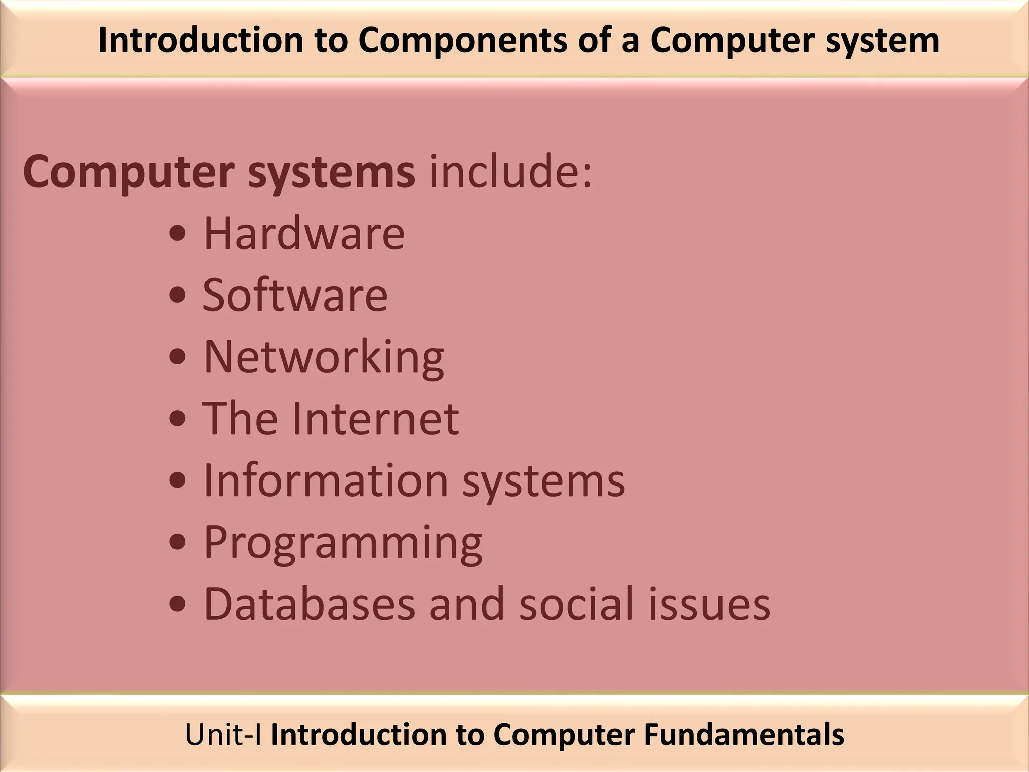 Introduction to Components of a Computer system
Computer systems include:
• Hardware
• Software
• Networking
• The Internet
• Information systems
• Programming
• Databases and social issues
Unit-I Introduction to Computer Fundamentals
 