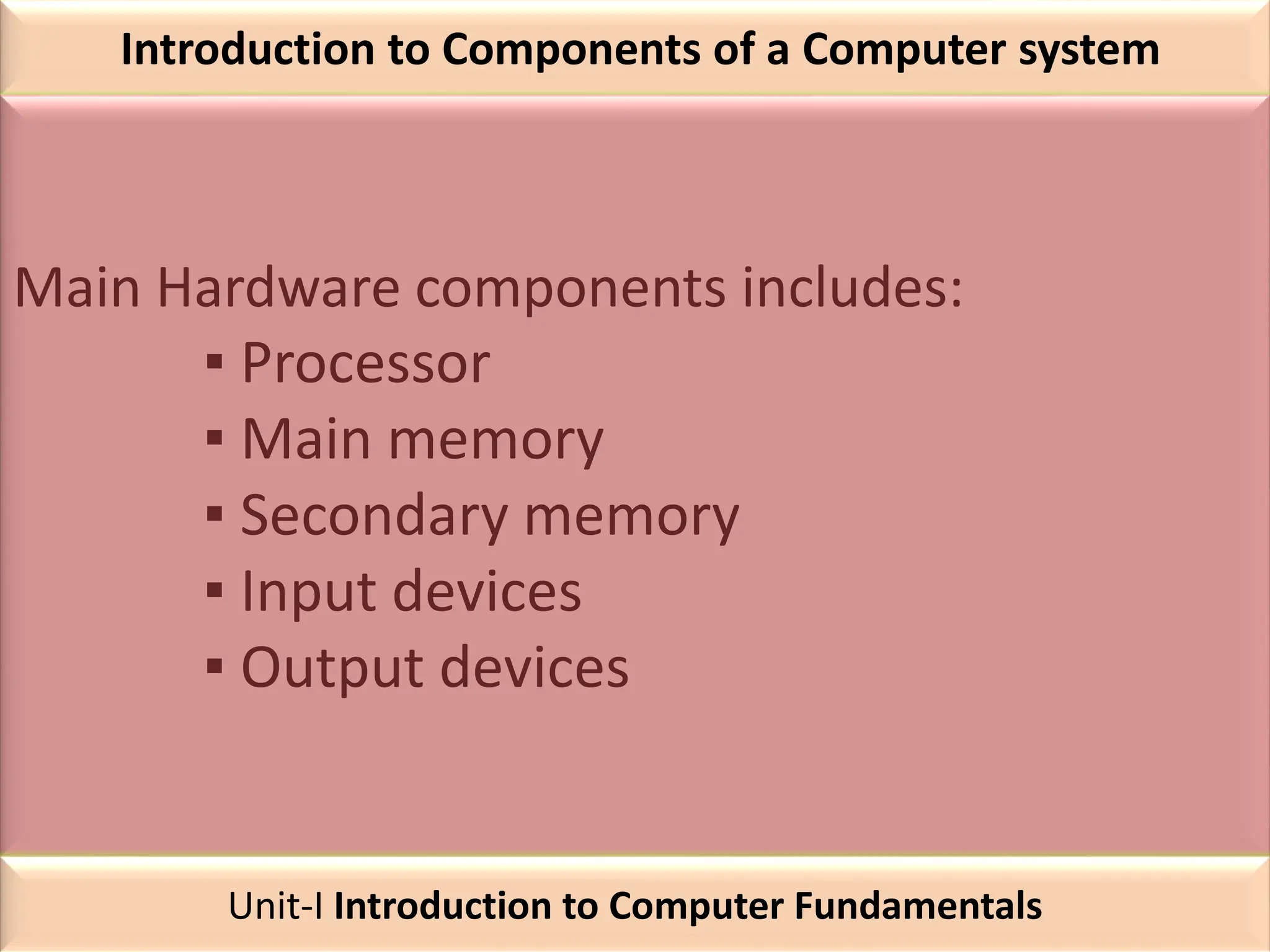 Introduction to Components of a Computer system
Main Hardware components includes:
▪ Processor
▪ Main memory
▪ Secondary memory
▪ Input devices
▪ Output devices
Unit-I Introduction to Computer Fundamentals
 
