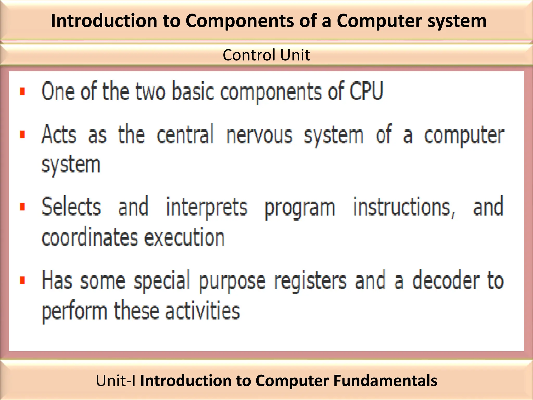 Introduction to Components of a Computer system
Control Unit
Unit-I Introduction to Computer Fundamentals
 