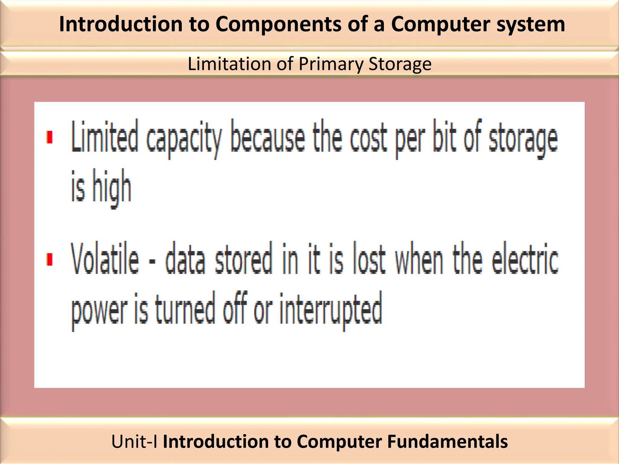 Introduction to Components of a Computer system
Limitation of Primary Storage
Unit-I Introduction to Computer Fundamentals
 