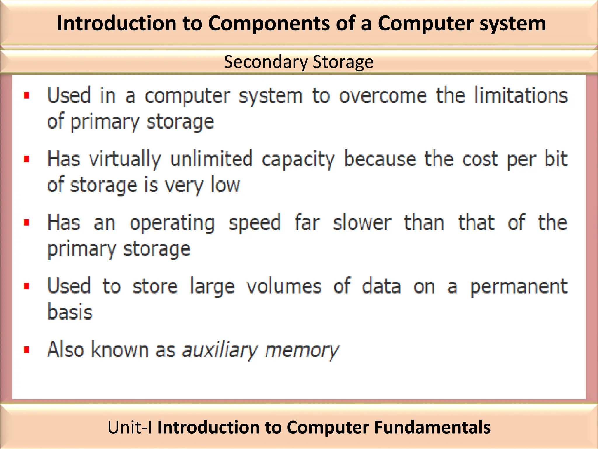 Introduction to Components of a Computer system
Secondary Storage
Unit-I Introduction to Computer Fundamentals
 
