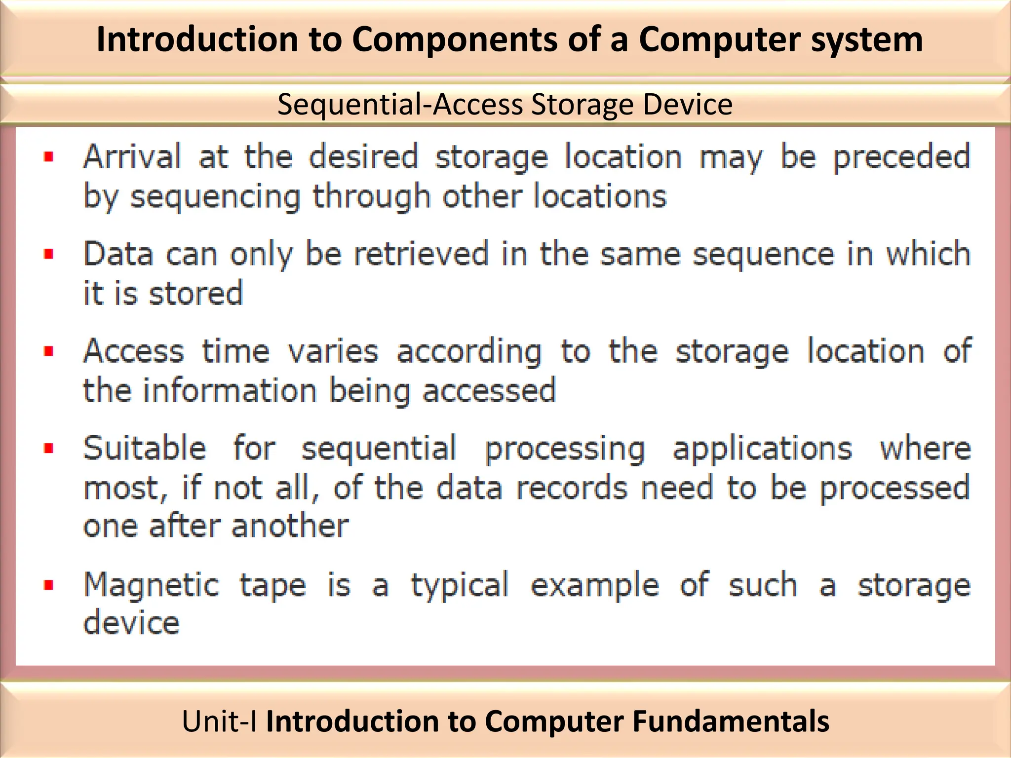 Introduction to Components of a Computer system
Sequential-Access Storage Device
Unit-I Introduction to Computer Fundamentals
 