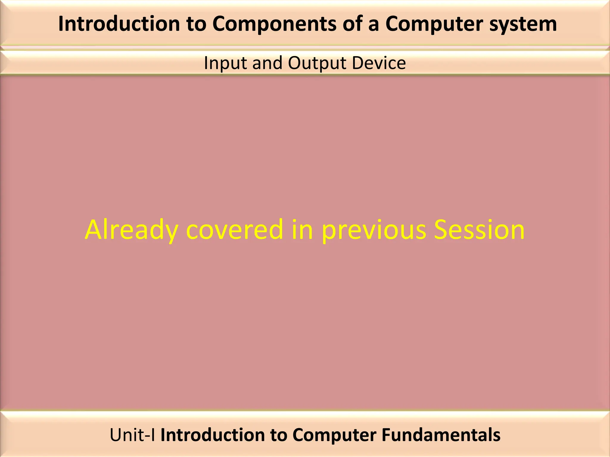 Introduction to Components of a Computer system
Already covered in previous Session
Input and Output Device
Unit-I Introduction to Computer Fundamentals
 