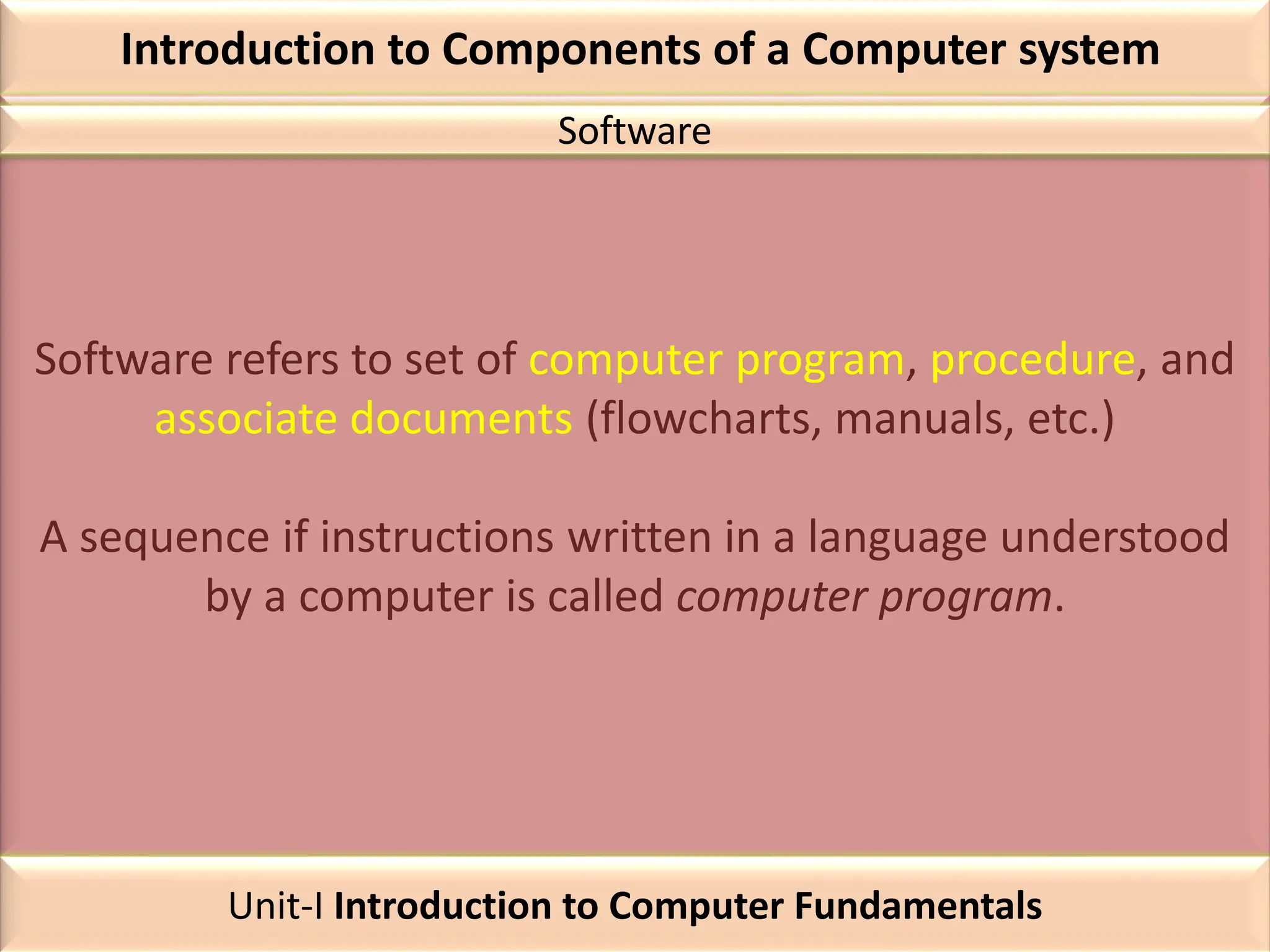 Introduction to Components of a Computer system
Software refers to set of computer program, procedure, and
associate documents (flowcharts, manuals, etc.)
A sequence if instructions written in a language understood
by a computer is called computer program.
Software
Unit-I Introduction to Computer Fundamentals
 