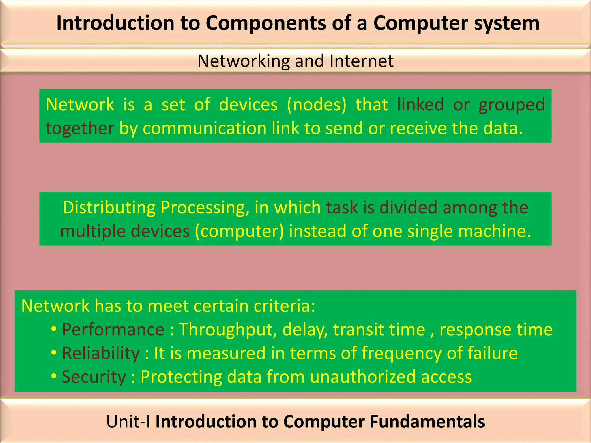 Introduction to Components of a Computer system
Networking and Internet
Network is a set of devices (nodes) that linked or grouped
together by communication link to send or receive the data.
Distributing Processing, in which task is divided among the
multiple devices (computer) instead of one single machine.
Network has to meet certain criteria:
• Performance : Throughput, delay, transit time , response time
• Reliability : It is measured in terms of frequency of failure
• Security : Protecting data from unauthorized access
Unit-I Introduction to Computer Fundamentals
 