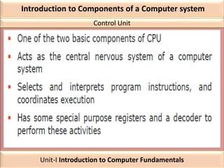 Introduction to Components of a Computer system
Control Unit
Unit-I Introduction to Computer Fundamentals
 