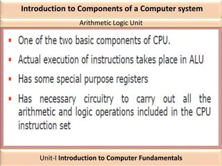 Introduction to Components of a Computer system
Arithmetic Logic Unit
Unit-I Introduction to Computer Fundamentals
 